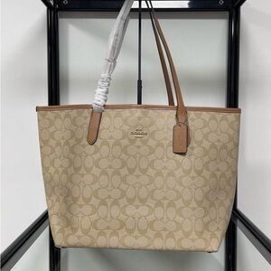 Coach Beige Signature Canvas Tote with Tan Leather Trim